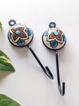 Brown Flower - Blue Pottery Wall Hooks (Pack of 2)