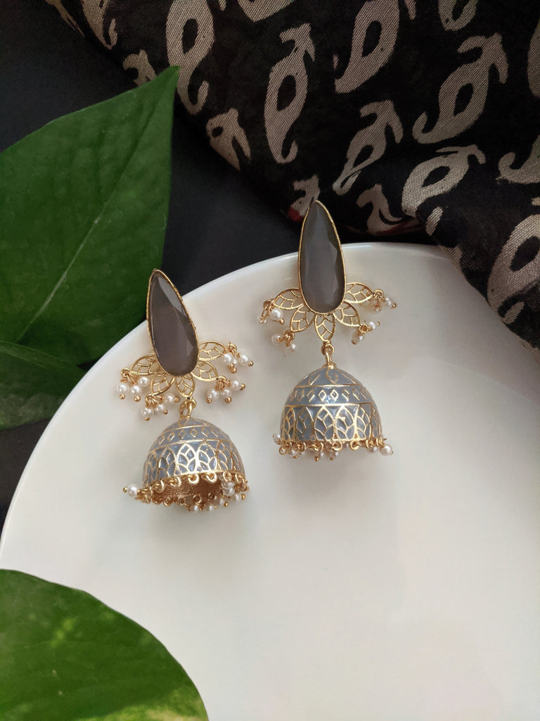 Meenakari Grey color Kundan stone Jhumka Earrings