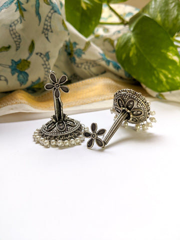 Long Floral - Silver Oxidised Earrings