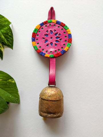 Pink Dhara - Leather Bell Hanging (Leaf)