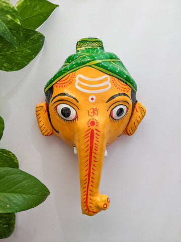 Yellow Ganesha (Green Mukut) - Cheriyal Mask