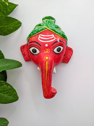 Red Ganesha (Green Mukut) - Cheriyal Mask