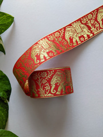 Red - Elephant Brocade Lace Border