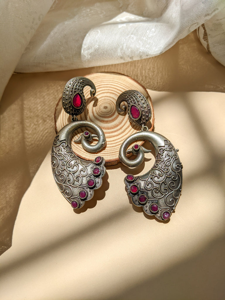 Peacock Ruby Silver Oxidised Women's Hanging Earrings