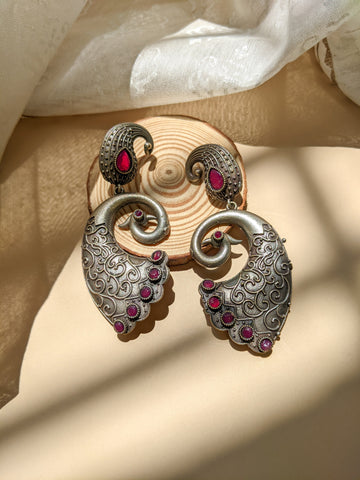 Paisley Peacock - Silver Oxidised Earrings