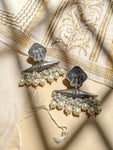 Pearl Coin - Silver Oxidised Earrings