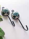 Turquoise Flower - Blue Pottery Wall Hooks (Pack of 2)