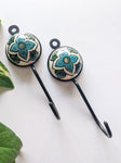 Turquoise Flower - Blue Pottery Wall Hooks (Pack of 2)